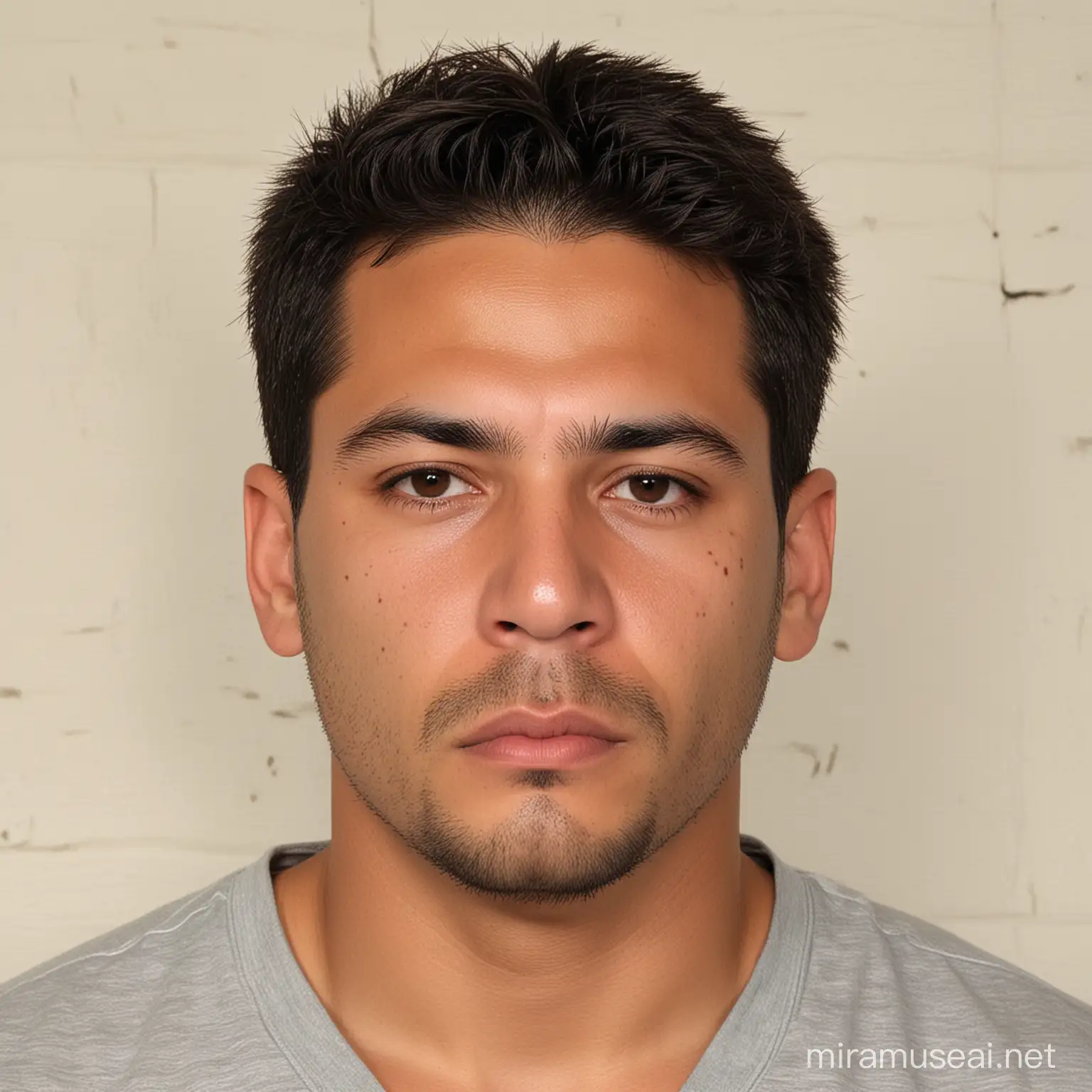 A mugshot of a wanted man named Michael Castro, a 200 lbs  Hispanic male with dark brown hair and brown eyes. Known to have a scar on his right cheek, Mugshot, 1993, white brick wall background