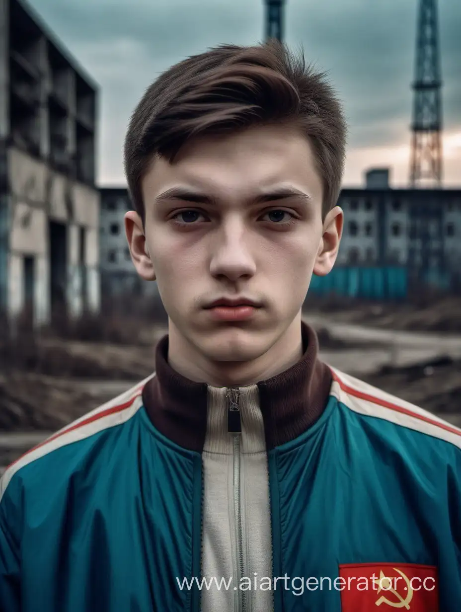 Профессиональное фото, портрет до пояса. Худой молодой человек от 16 до 19 лет, европеоидного типа. Лицо славянское серьёзное, волосы тёмные и короткие, бледные тонкие губы. Спортивная куртка СССР 80-х старая на молнии. На фоне пром зона СССР, мрачное освещение,