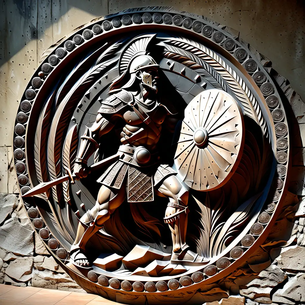 Circular BasRelief Warrior Sculpture in Ancient Battle Scene