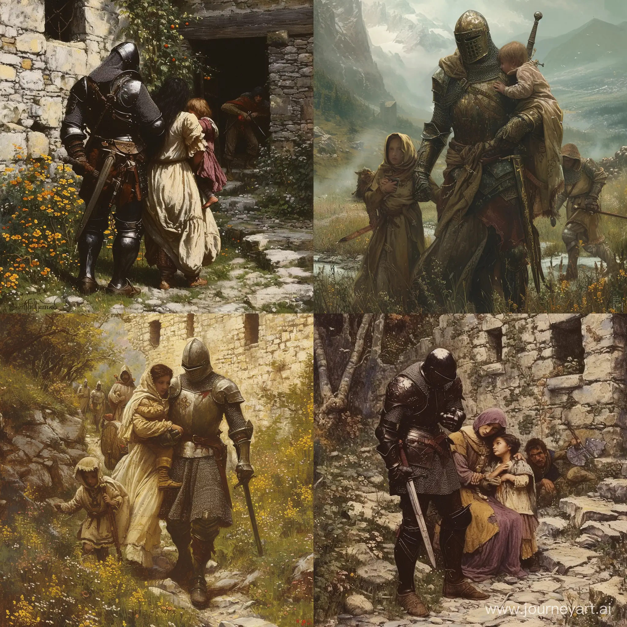 a knight protects a mother and child from outnumbered bandits
