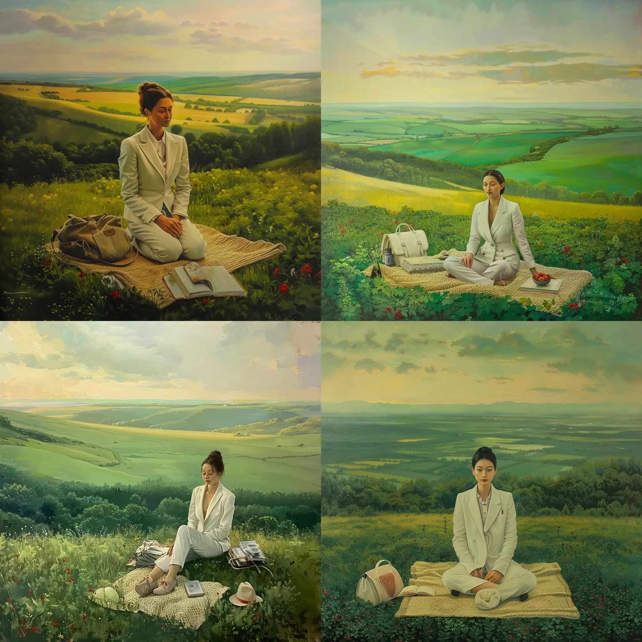 Tranquil-Woman-in-White-Suit-Enjoying-Picnic-Amidst-Vibrant-Meadow