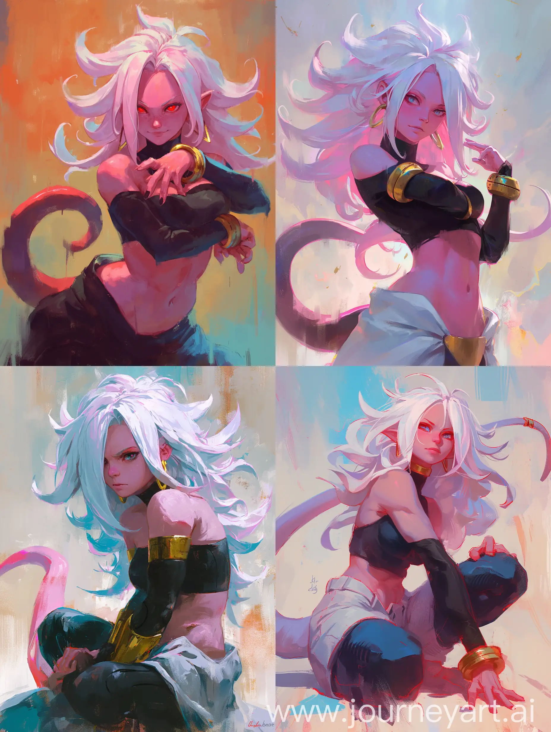 Painterly art of Majin Android 21, full body, digital art, saturated color theory --niji 6