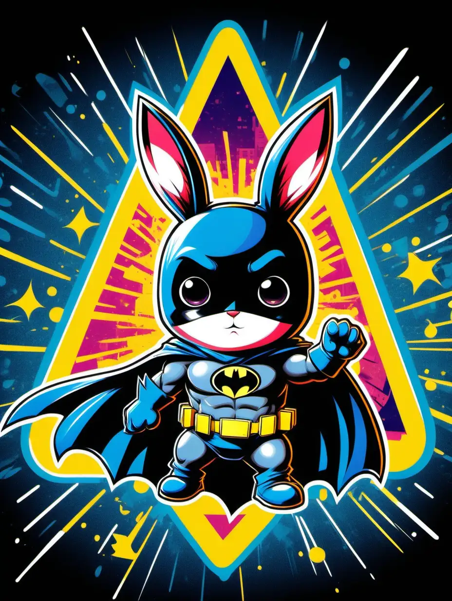 2d poster style, old style poster drawing, hight contrast, flat pop art style drawing of a triangle-shaped composition featuring a little naugty cute bunny daredevil, dressed like batman, glowing. Anime, chibi style. Big head, small body, big eyes. Cute face. The background is filled with graffiti elements, incorporating vibrant electric blue, yellow  and a very little of other colors, various shapes, and dynamic lights. The overall image should be lively, colorful, and reflective of contemporary youth culture, embodying the energetic spirit of pop art. Drawing must be in 2d flat style, popart. 