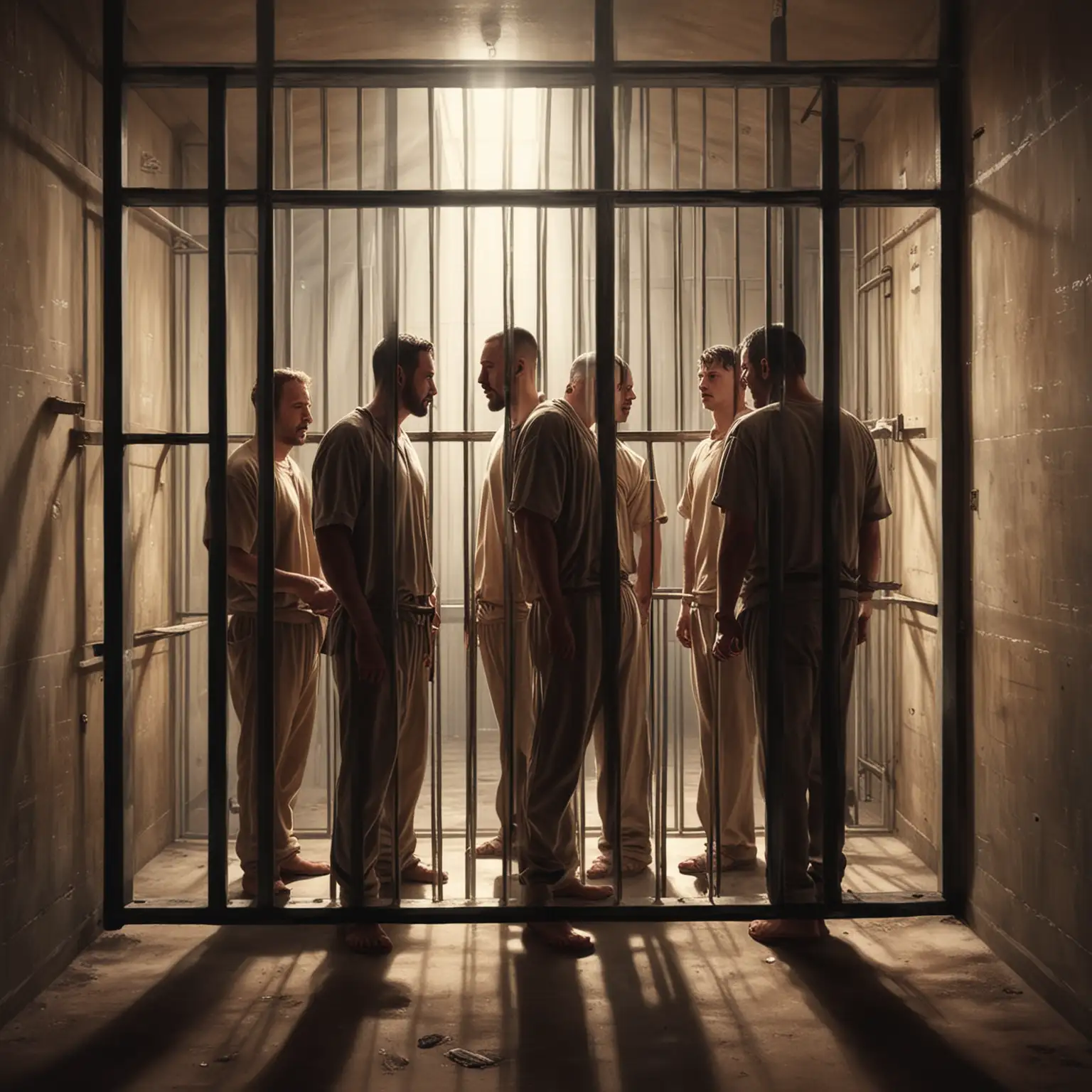 drei Gefangene in Gefängniszelle, licht scheint durchs gitter
