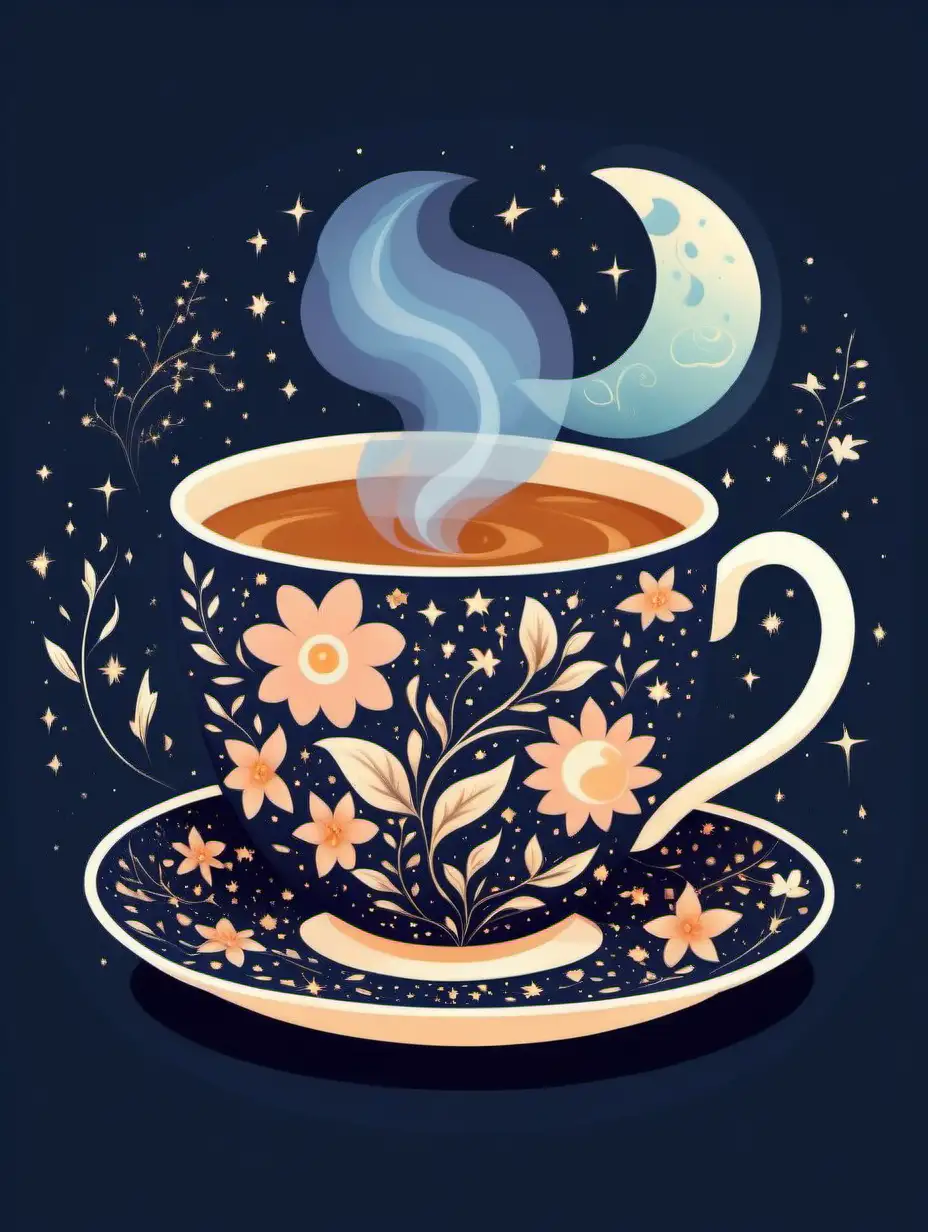 A charming teacup with a delicate floral pattern and steam rising from hot tea , clip art, graphic, floral pattern , flat colour, vector, celestial , moon