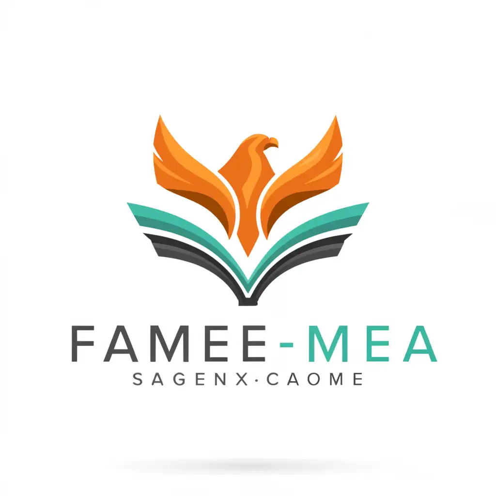 a logo design,with the text "fame-meta.com", main symbol:phoenix, open book, teal and orange color,Minimalistic,be used in Education industry,clear background