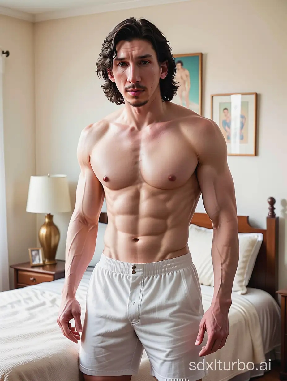 Adam Driver with ripped eight pack abs, shirtless in white boxers in 1950s suburban LA bedroom, face and body photo, 16k, medium shot, very high quality, very high resolution, fitness, macho, virile, masculine, sexy, youthful,