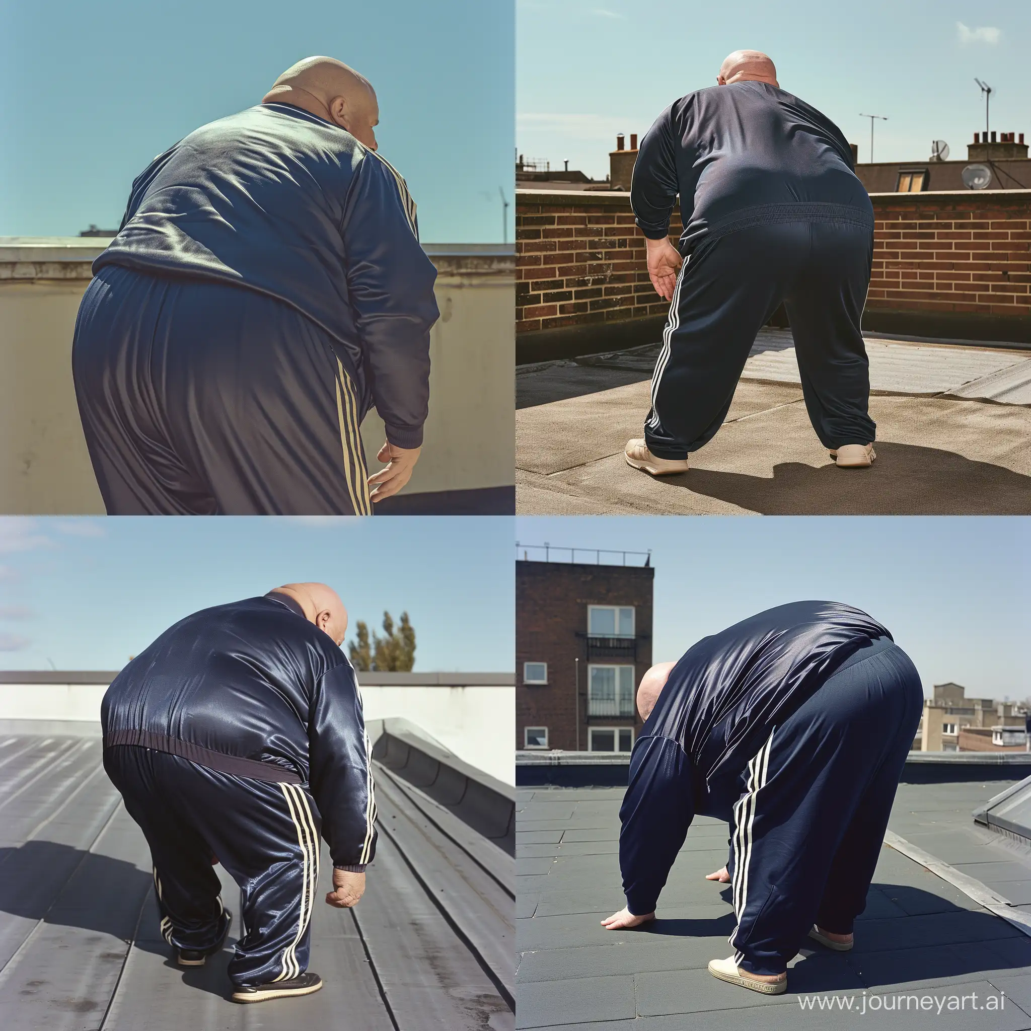 Back view of a chubby man aged 70 wearing a slightly shiny navy adidas tracksuit. He is bending over. Rooftop, daylight, clean shaven, bald --v 6