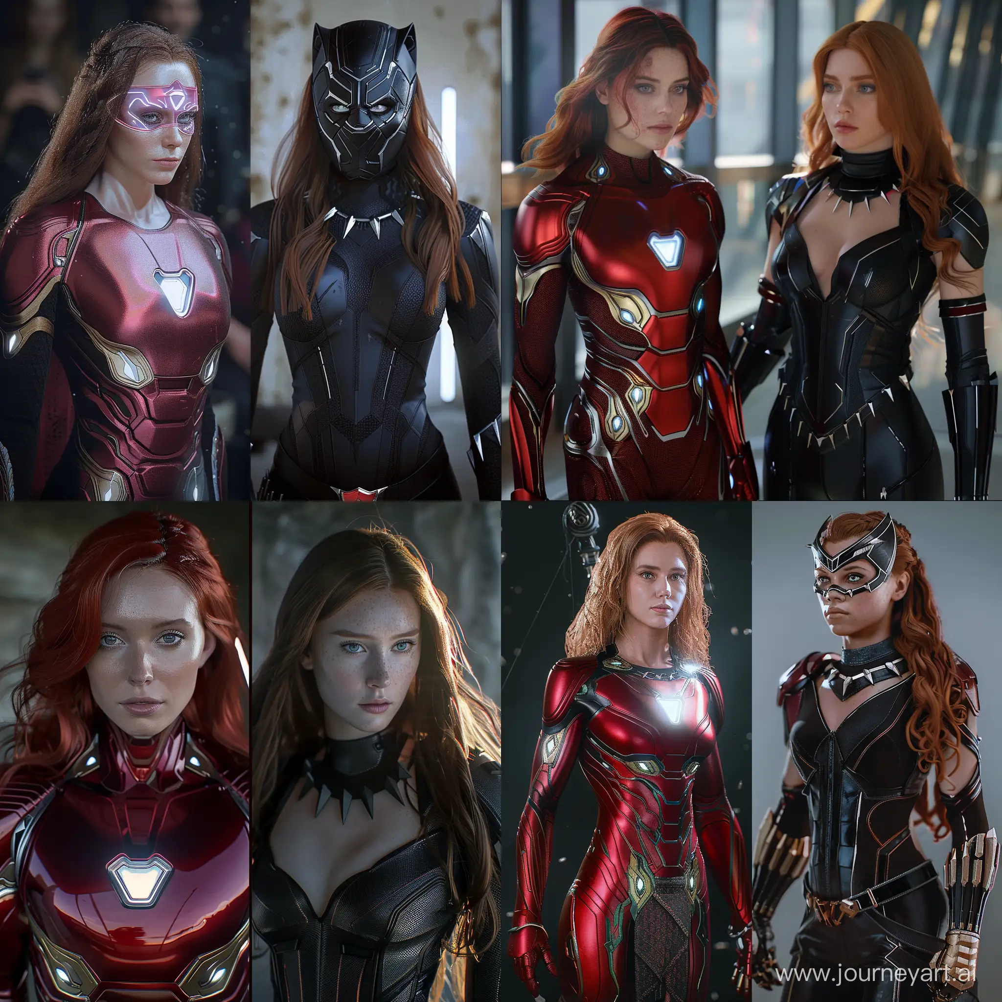 Hyperrealistic-Fusion-of-Scarlet-Witch-with-Iron-Man-and-Black-Widow-with-Black-Panther