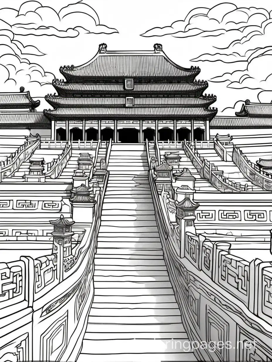 create a b/w coloring book page of - The Forbidden City, Beijing ; line-art; realistic; bold lines; no color, no grey-tone, no shading, Coloring Page, black and white, line art, white background, Simplicity, Ample White Space. The background of the coloring page is plain white to make it easy for young children to color within the lines. The outlines of all the subjects are easy to distinguish, making it simple for kids to color without too much difficulty