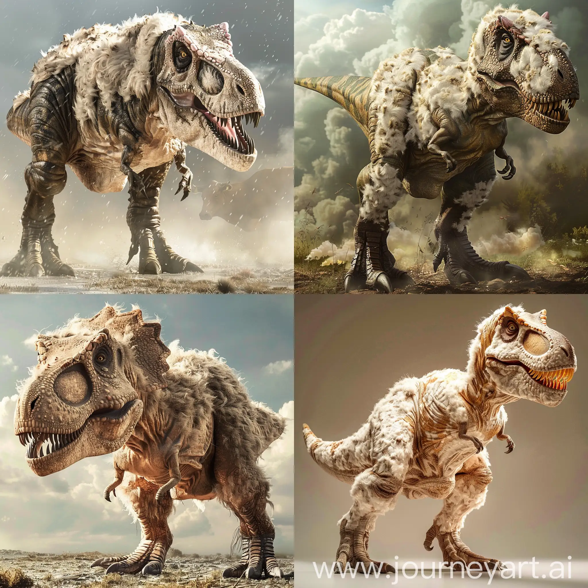 a t-rex covered by fur and its skin is like a cow
