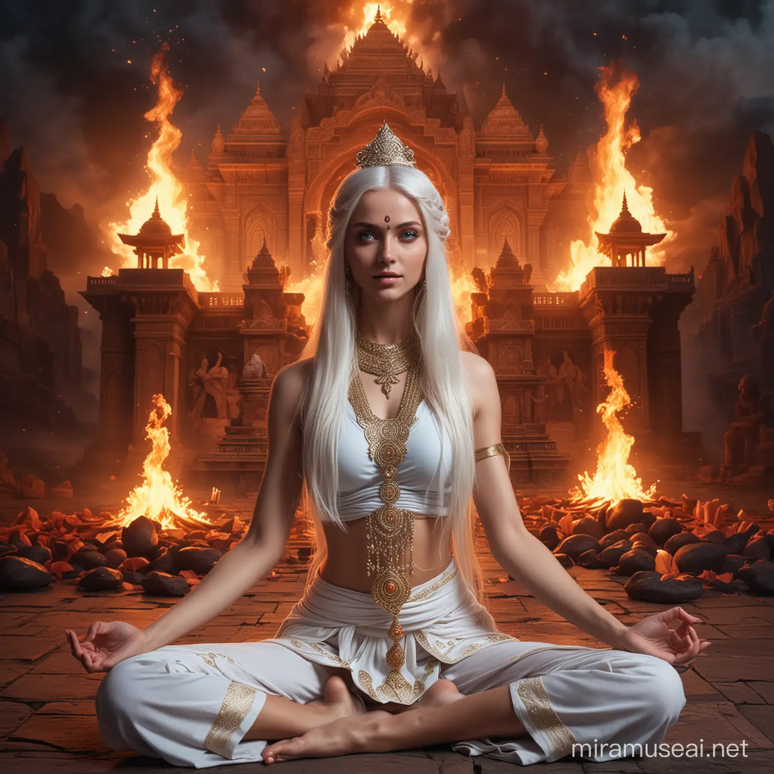 Diosa emperatriz hermosa joven de cabellos blancos largos y ojos azules vestida como Diosa emperatriz hindu en combate, sentada en posición flor de loto rodeada de fuego que sale de su ,cuerpo, y de fondo un valle tenebroso y un palacio hindu tenebroso y rodeándola diosas hindus en posición flor de loto rodeadas de círculos de fuego 