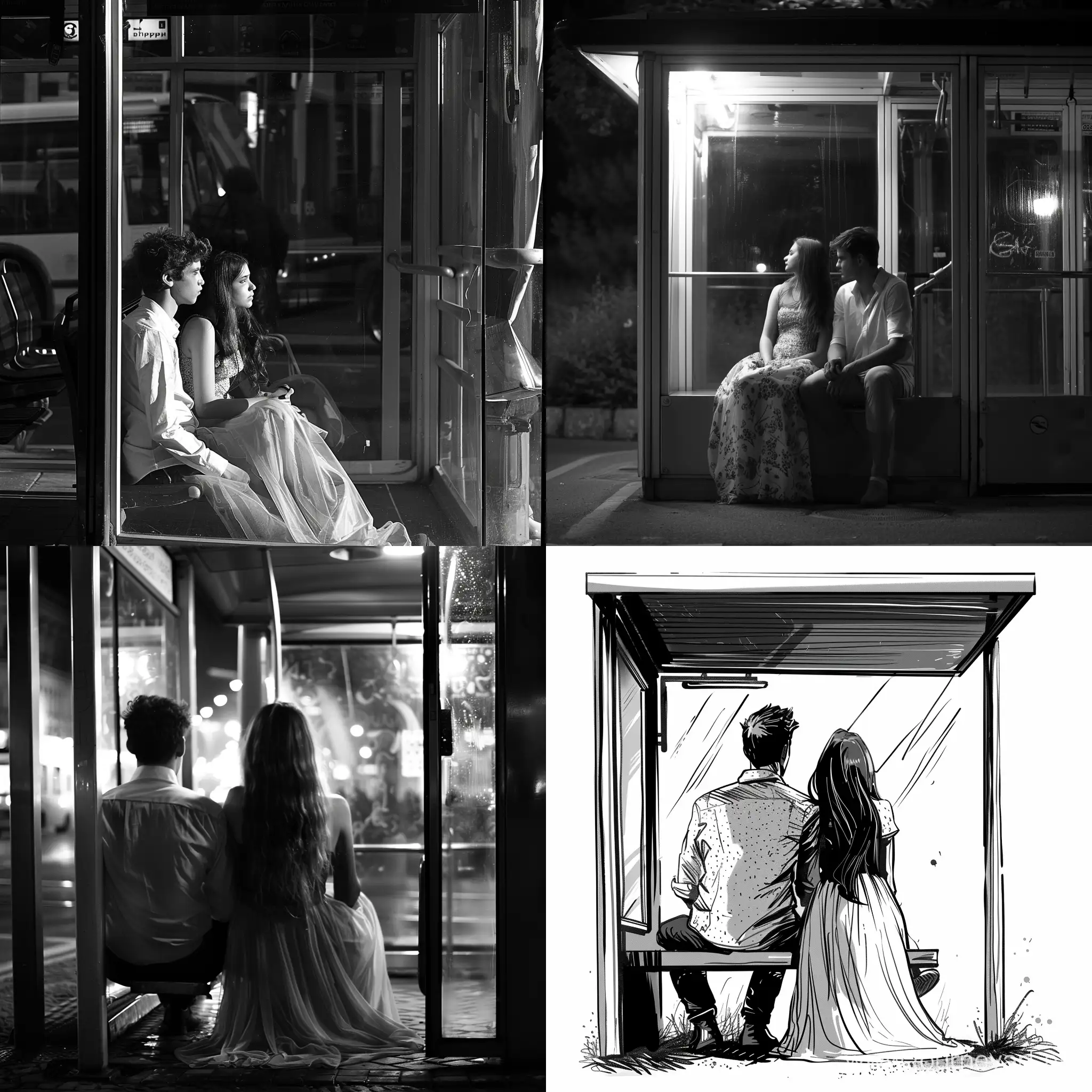 Boyfriend and girlfriend are sitting at the bus stop, they are waiting for the happiness bus. The girl wears a long dres.