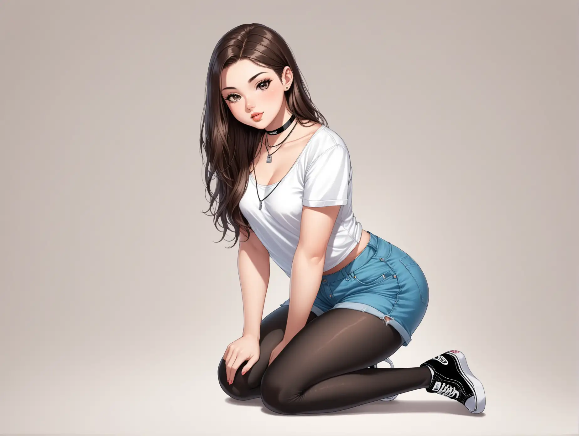 Image: Sensual girl on full body view. 
Position: Kneeling in doggy style pose.
Body: brunette, tall, curvy hips, small breasts.  
Wearing: Shirt, black pantyhose, Vans Eras sneakers, jorts, choker necklace.