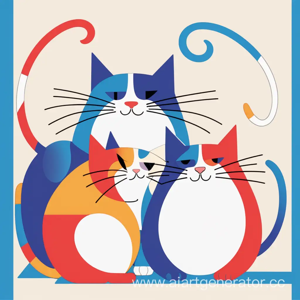 Три толстых веселых кота играющих с мышью разноцветных кота растровый рисунок минимализм абстрактно упрощённо конструктивизм лучизм супрематизм