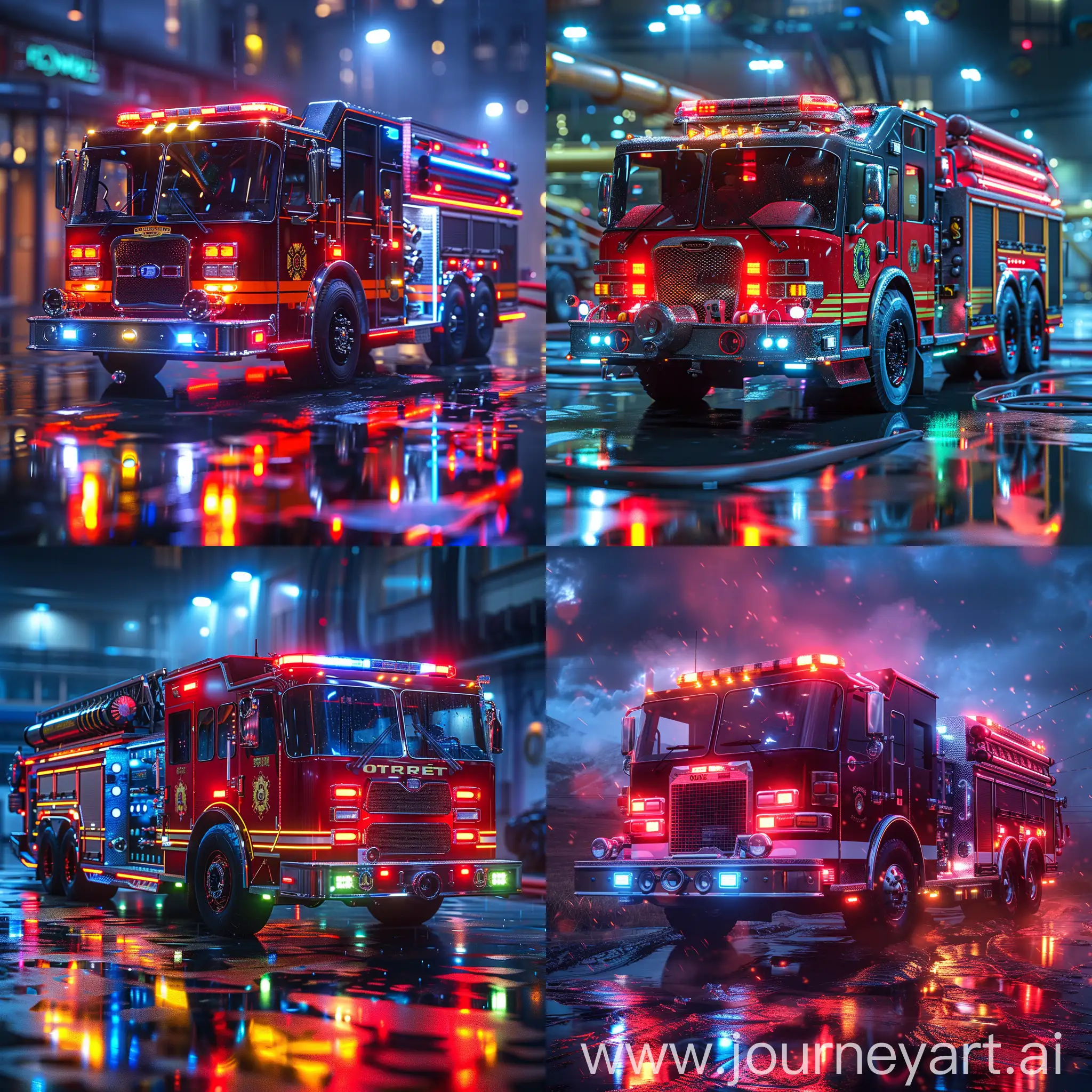 Futuristic fire truck, futuristic style of high tech, red green blue LEDs, octane render --stylize 1000