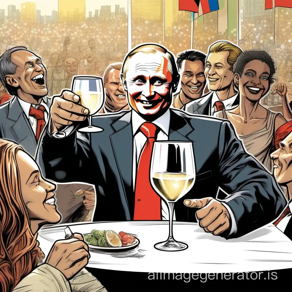Man as 'Vladimir Putin' Russian president, smiling happy face, drink a glass of champagne, room with crowd scenery, comic book style, natural colors
