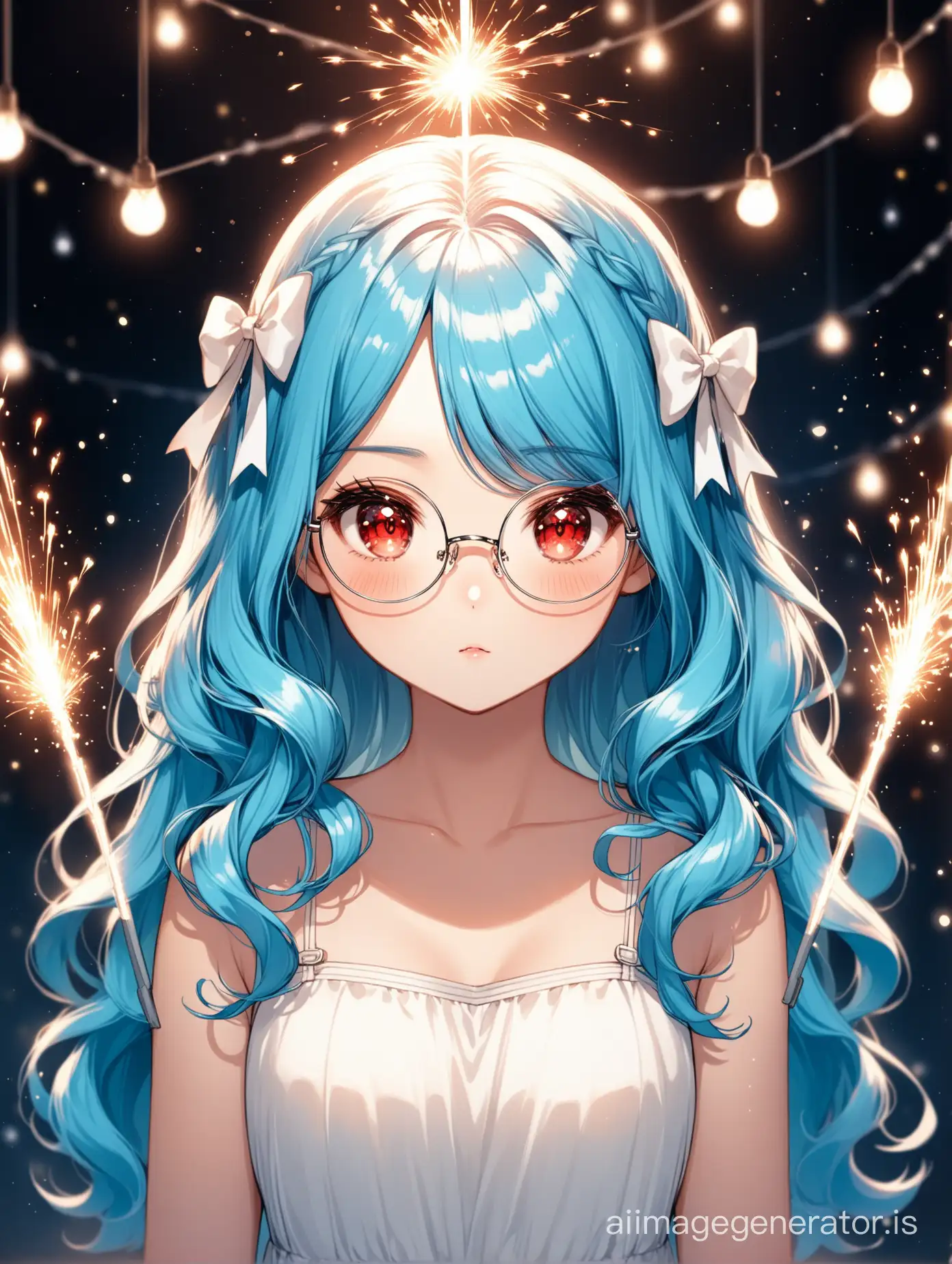 The girl with blue hair, her hair shines red, she has red eyes, wears large round glasses, in a beautiful black and white dress, her hair is slightly curly, there are 2 cute white ribbons on her head, in the background there are a few lights resembling sparks