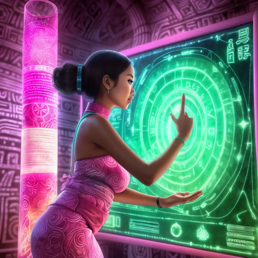Excited slim beautiful Indonesian woman with cock bun and huge breasts wrapped in energy batik material, touching a screen, mystical unknown text glowing green, AI materialising in a huge vertical tube glowing, transparent pink electronic goo, dim, slight pink, spaceship laboratory