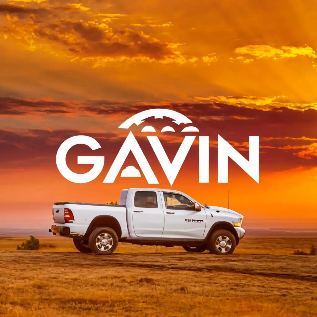 a logo design,with the text "Gavin", main symbol:Put "gavin" with a 2000 ram 2500 lifted truck, with a sunset in the background,Moderate,be used in Travel industry,clear background