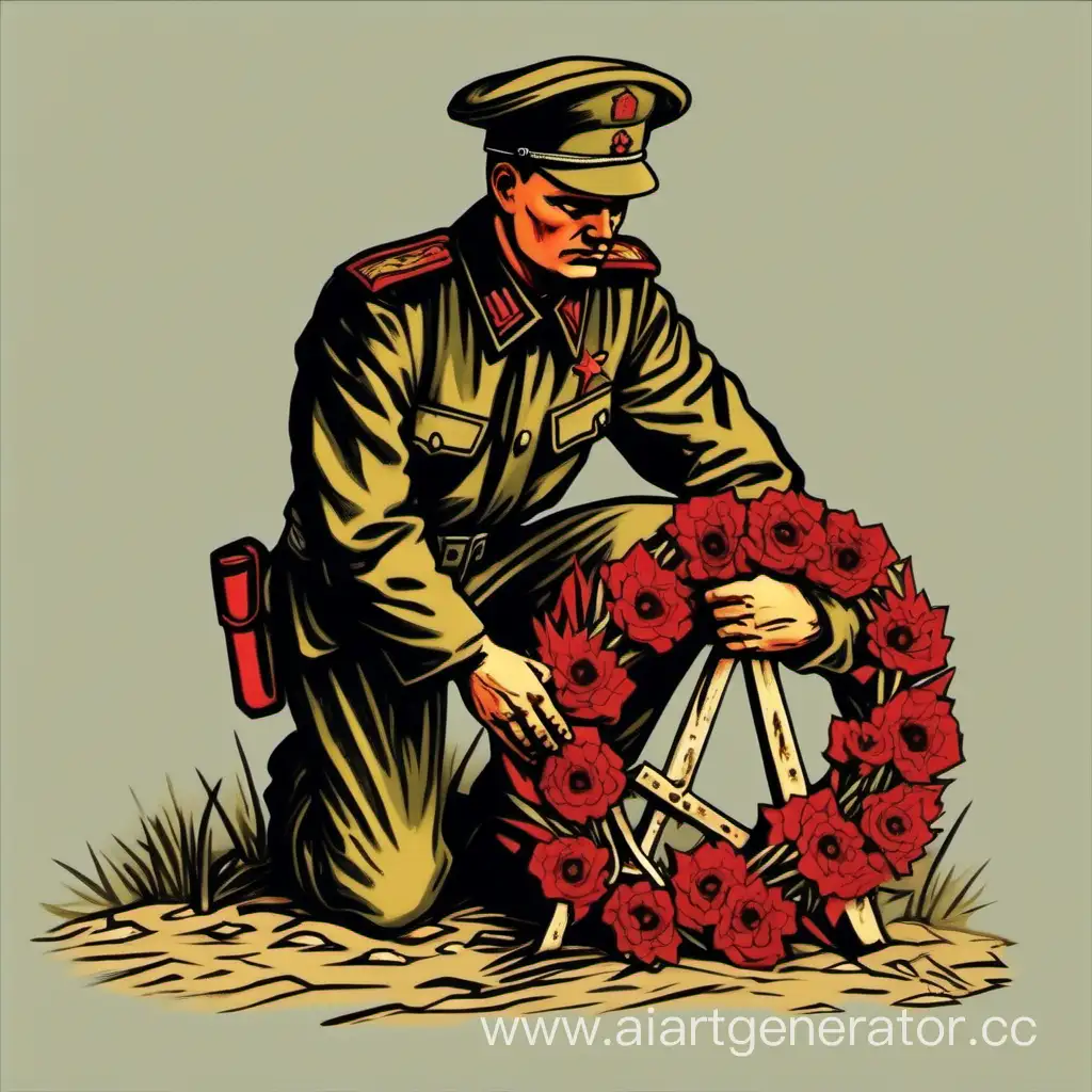 Soviet-Soldier-Honoring-Fallen-Comrades-with-Mourning-Wreath