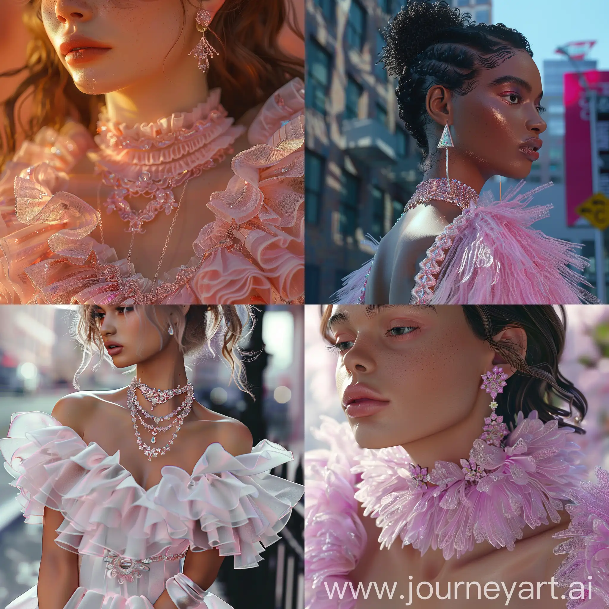 crea un vestito in tulle bianco pieno di fonzoli rosa in 3d :: orecchini grandi triangolari con collana coordinata, indosso a una modella con capelli mossi, sfondo strade di new york, realistica, alta definizione, alti dettagli