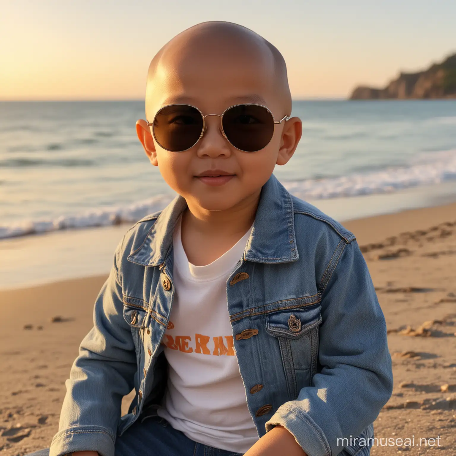 seorang bocah asia umur 3 tahun botak memakai kaca mata hitam bulat,jaket jeans dan celana jeans sedang duduk di tepi pantai sore hari matahari terbenam,dan sangat detail, sangat jernih, resolusi tinggi, penuh warna.