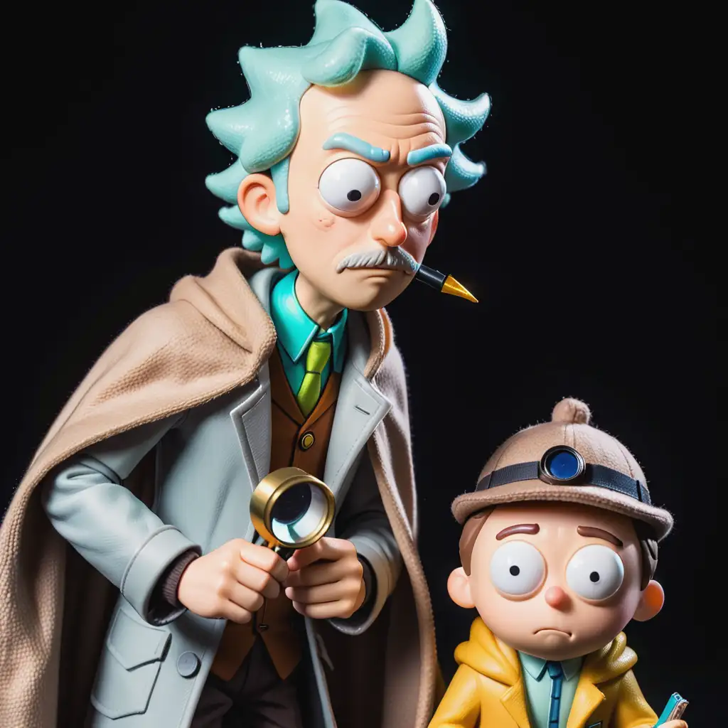 A close-up of Rick and Morty on a black background. Rick dressed as Sherlock Holmes - with a cloak, hat, and magnifying glass. Morty in the image of Dr. Watson - with a cap, plush fur, and notebook. The emotional state of the characters - concentration and vigilance. Saturation of colors and emphasis on details in costumes by lighting. 