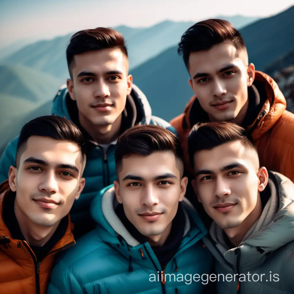 Group of 5 male friends with clean shaved face, posing for a profile picture on the top of mountain. High realistic, high clarity, high quality