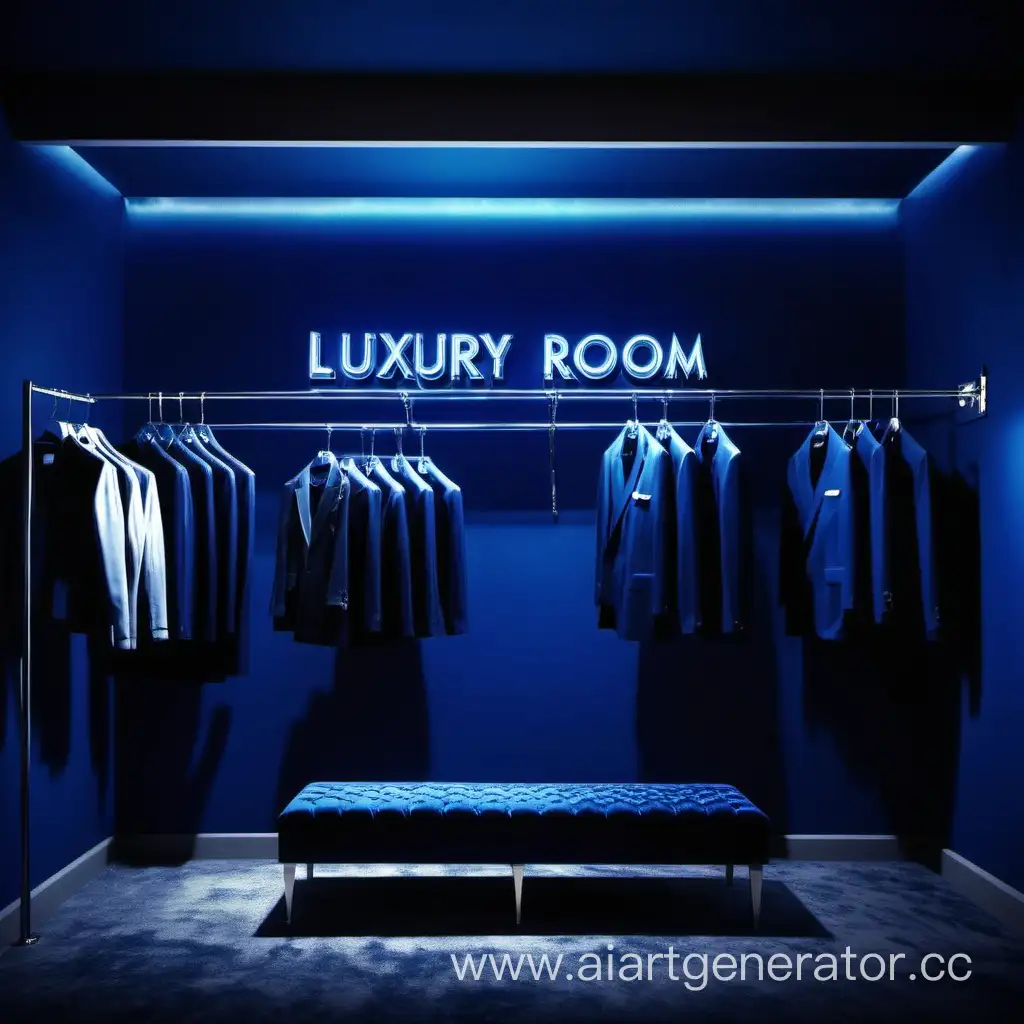 Luxury Room неоновыми буквами на стене, в комнате темно синего оттенка, на вешалках висит дорогая одежда