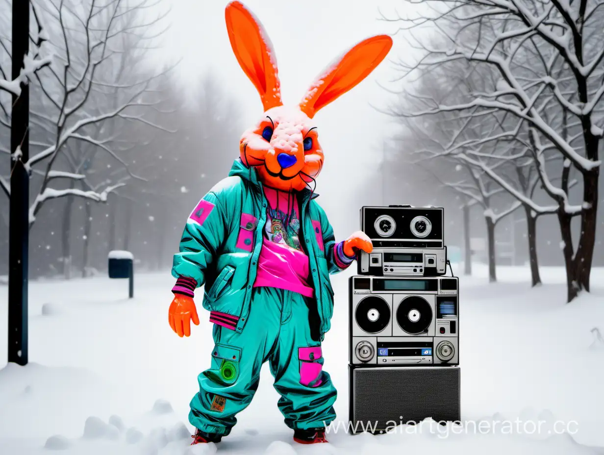 Glowing-HipHop-Hare-with-Cassette-Player-Amidst-Snow-and-Snowman