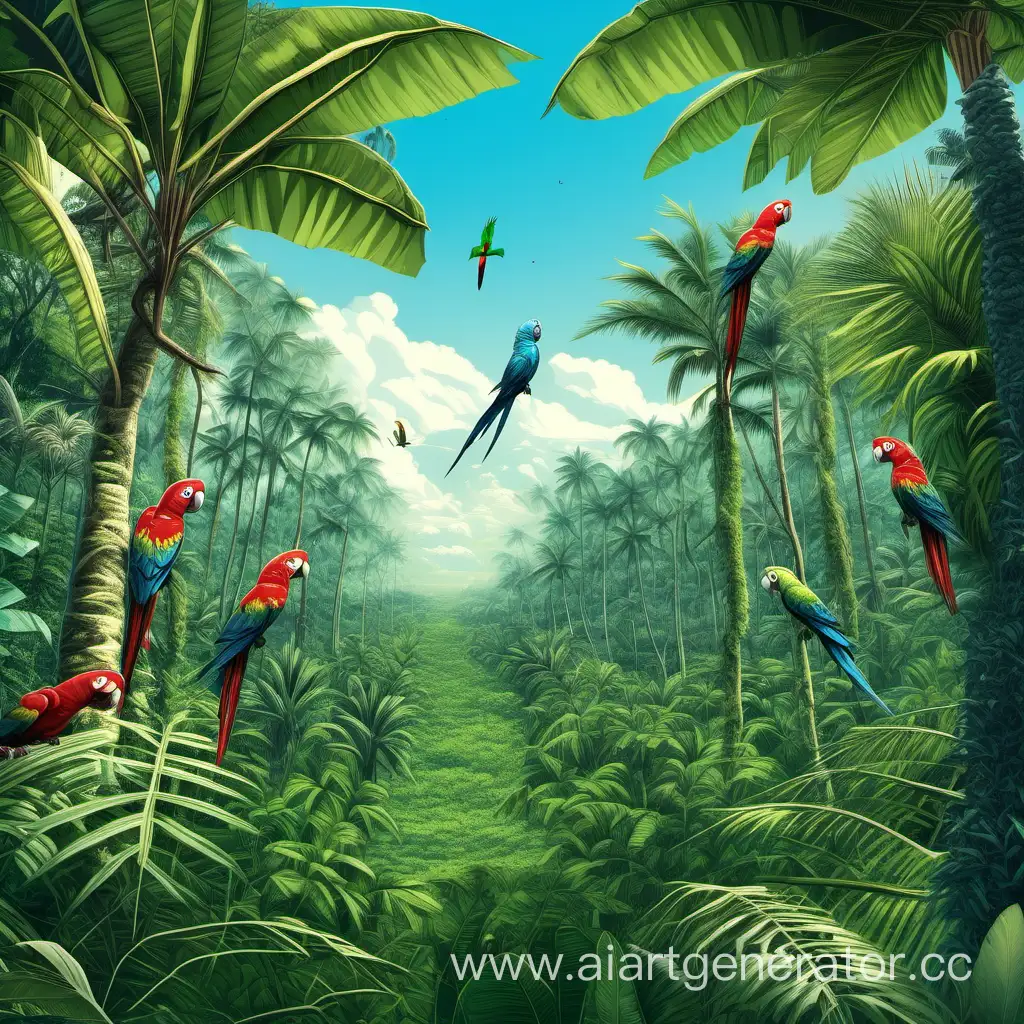 Vibrant-Jungle-Canopy-with-Majestic-Parrots-in-Azure-Sky