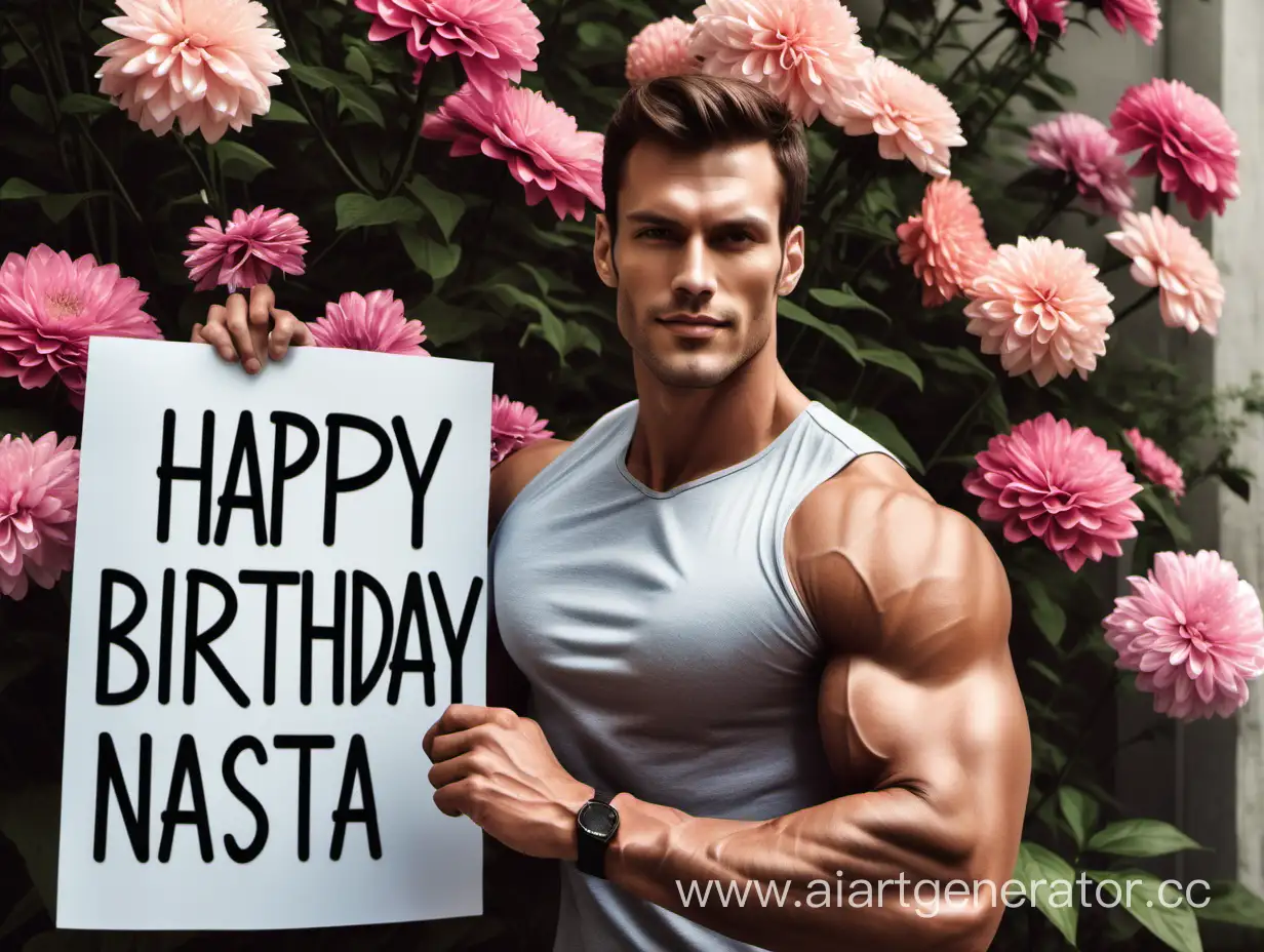 красивый высокий накаченный мужчина за ним много цветов и в руках плакат с надписью «с днем рождения Настя!»