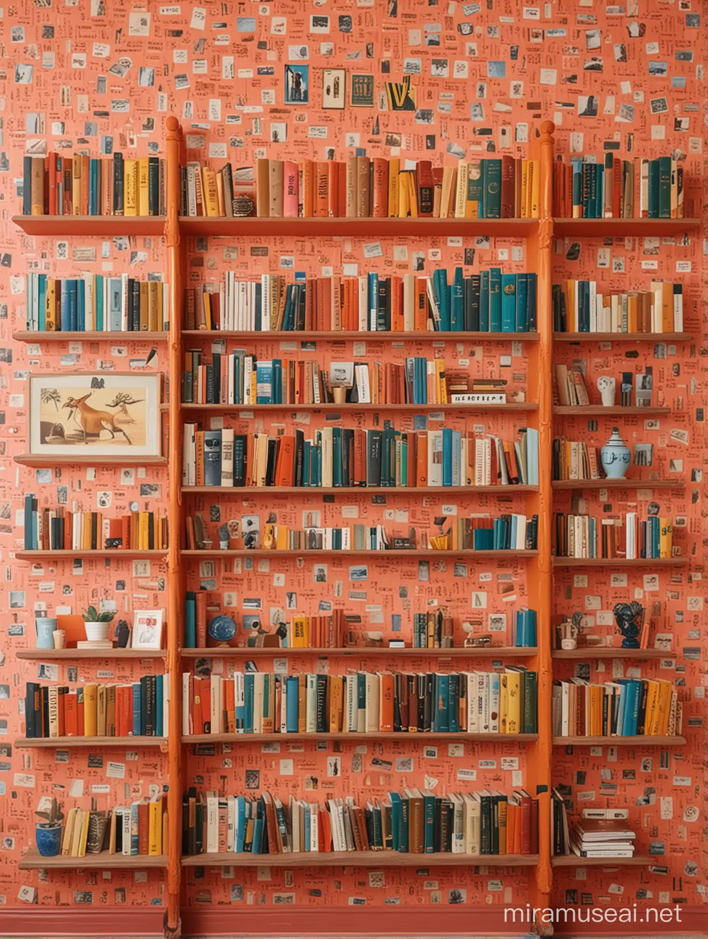 Wes Anderson Style Wall with Books Quirky Interior Design Featuring Stylized Dcor and Books Arranged in Symmetrical Harmony