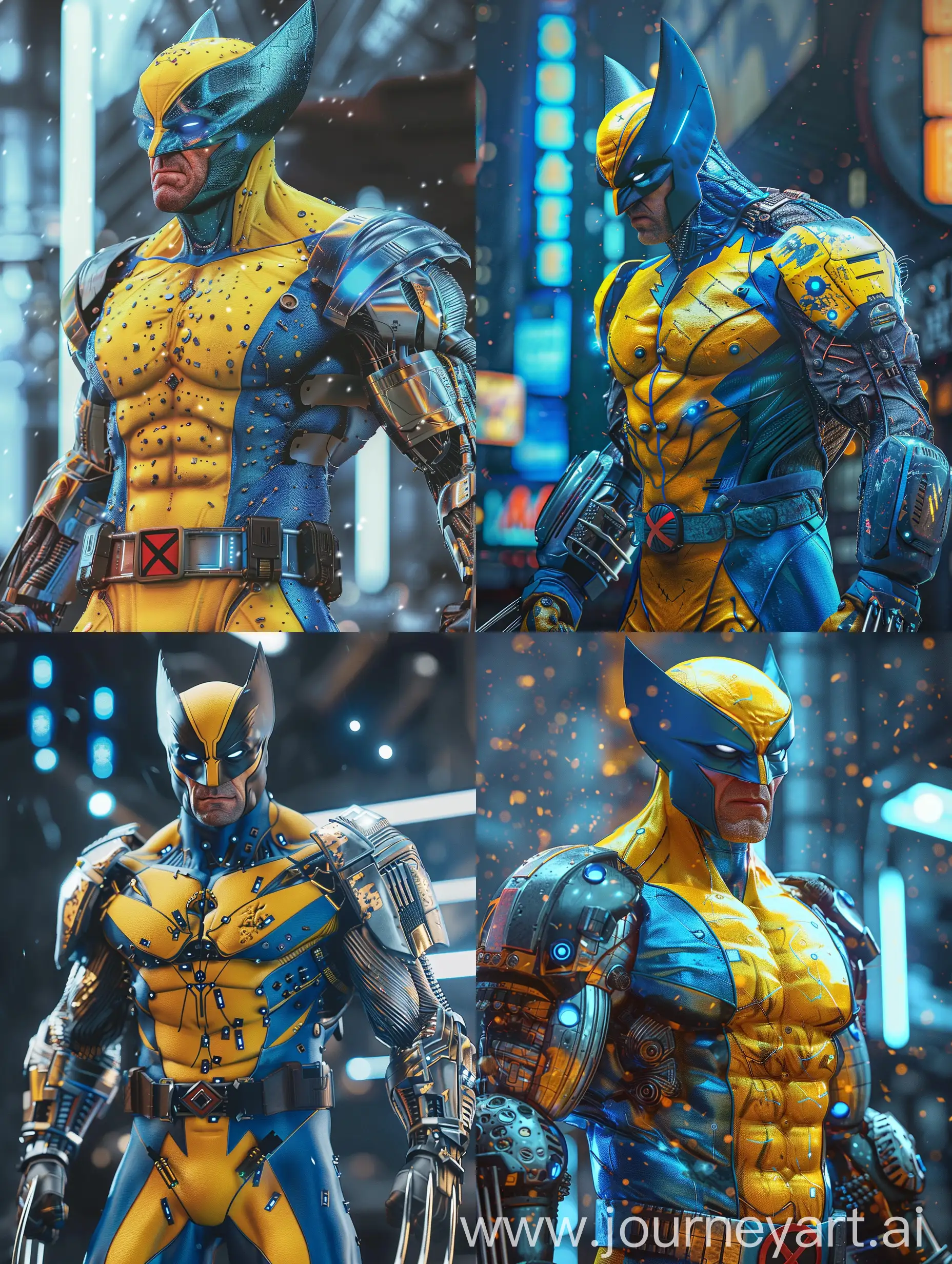 Cyberpunk-Wolverine-Futuristic-Armored-Hero-in-Classic-Yellow-and-Blue-Outfit