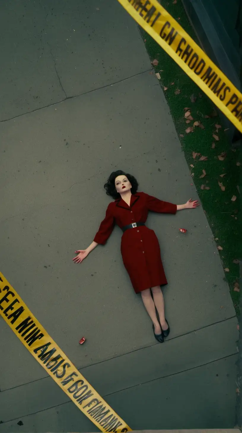 Birds Eye view from a building, a retro woman lays dead on the sidewalk as if she has fallen from the building. cinematography, cinematic lighting, surreal, Amelie, twin peaks, caution tape