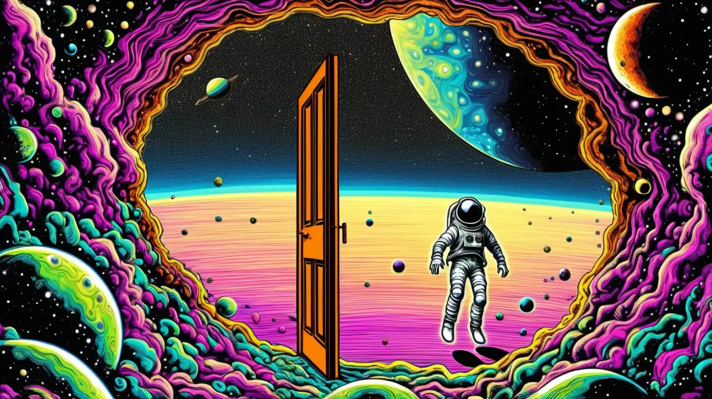 intergalactic psychedelic space man floating and reaching into an open door leading to another planet. make it stellar wish you were here