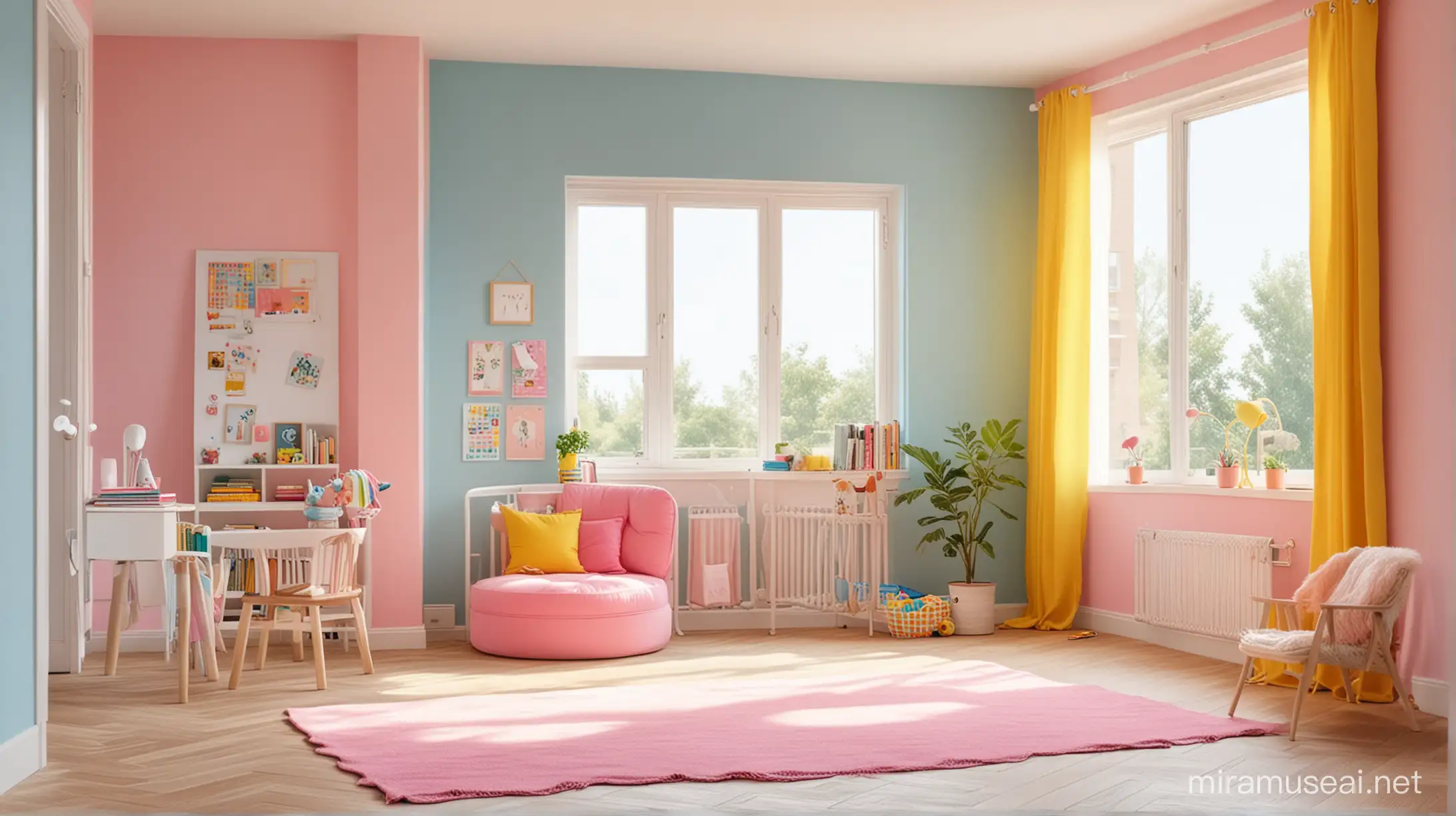 A kids room with color pink , yellow and blue , have a window the sunshine light comes throw it, and there is a big board in the floor with colors. make it without any person or kid