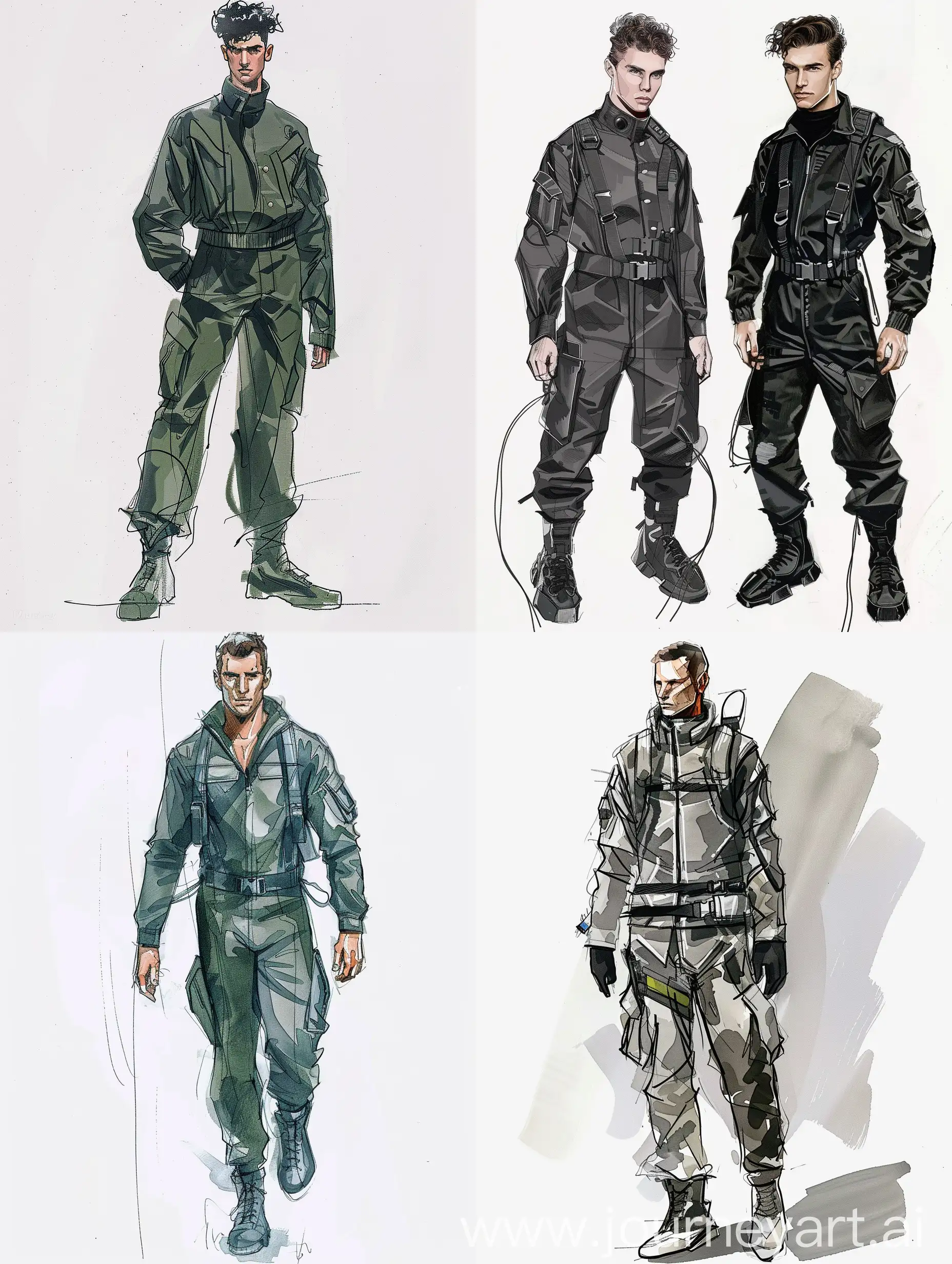 futuristic male military jumpsuit fashion runway sketches minimalist illustration