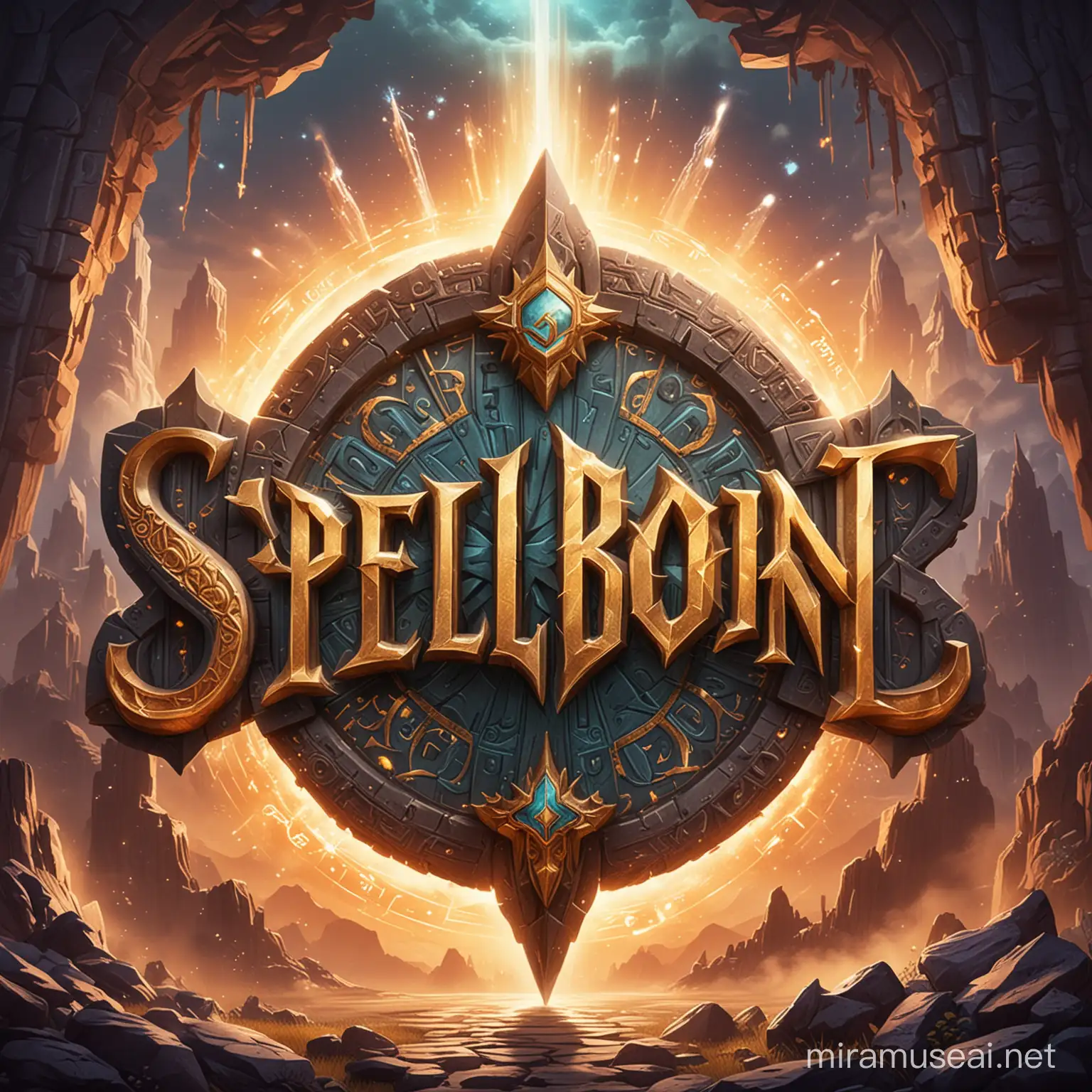 The word "Spellbound" written in intricate, magical glyphs, in the style of Sunfire Summit art with ethereal elements and a prominent shield backdrop, akin to a game logo, suitable for a captivating mobile game background.