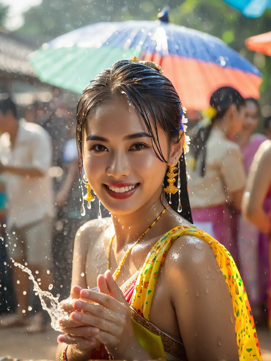 Picture of a handsome Thai girl celebrating the Songkran Festival in Thailand. shei is wearing traditional Thai clothing, facing the camera and covering the splashing water droplets with his hands. Exquisite facial features, professional photography technology, full-body photo