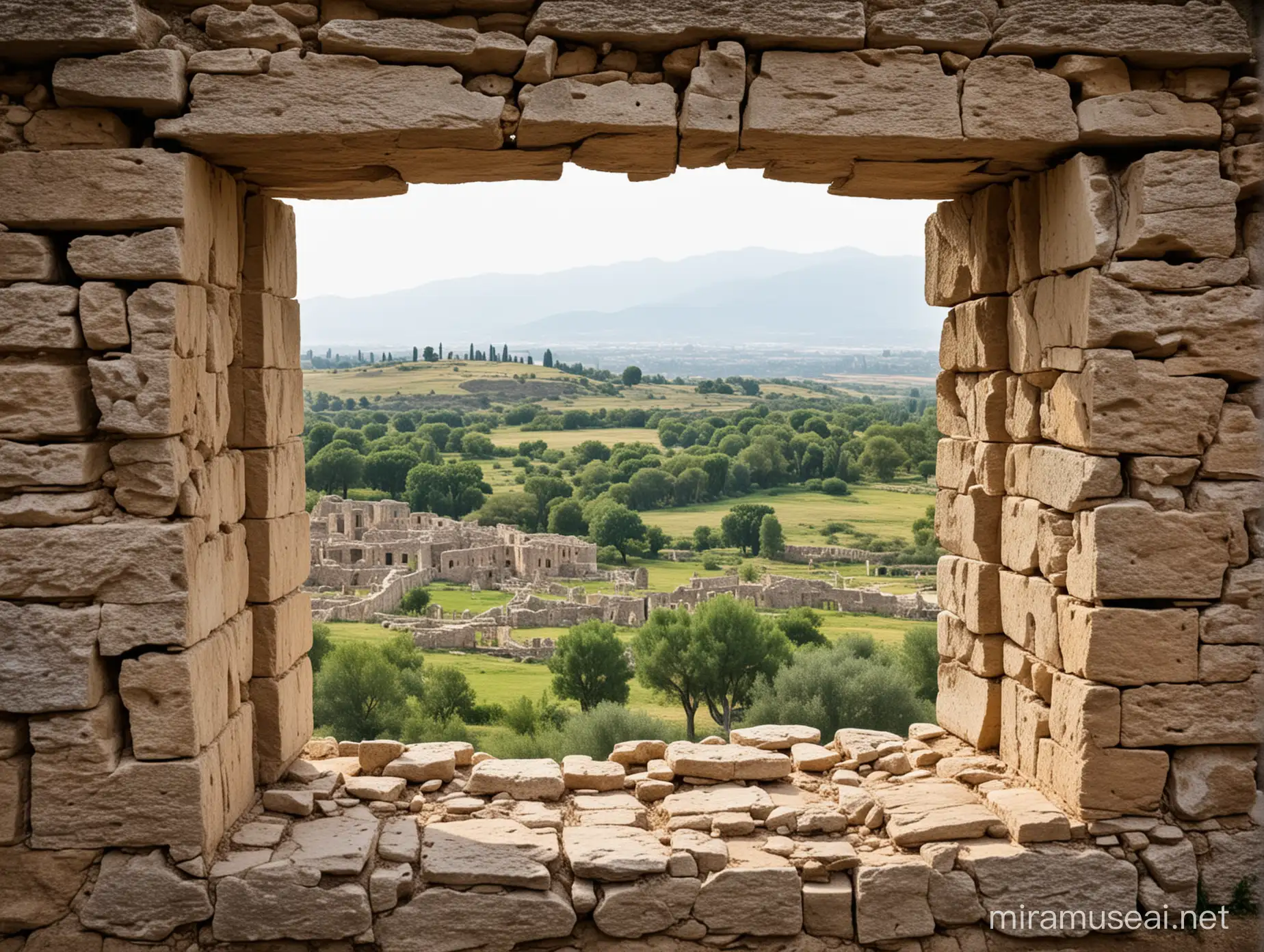 Looking out of an ancient Roman villa window Approx 2000 BC made of stone cracked and crumbling A very biblical landscaped view beyond