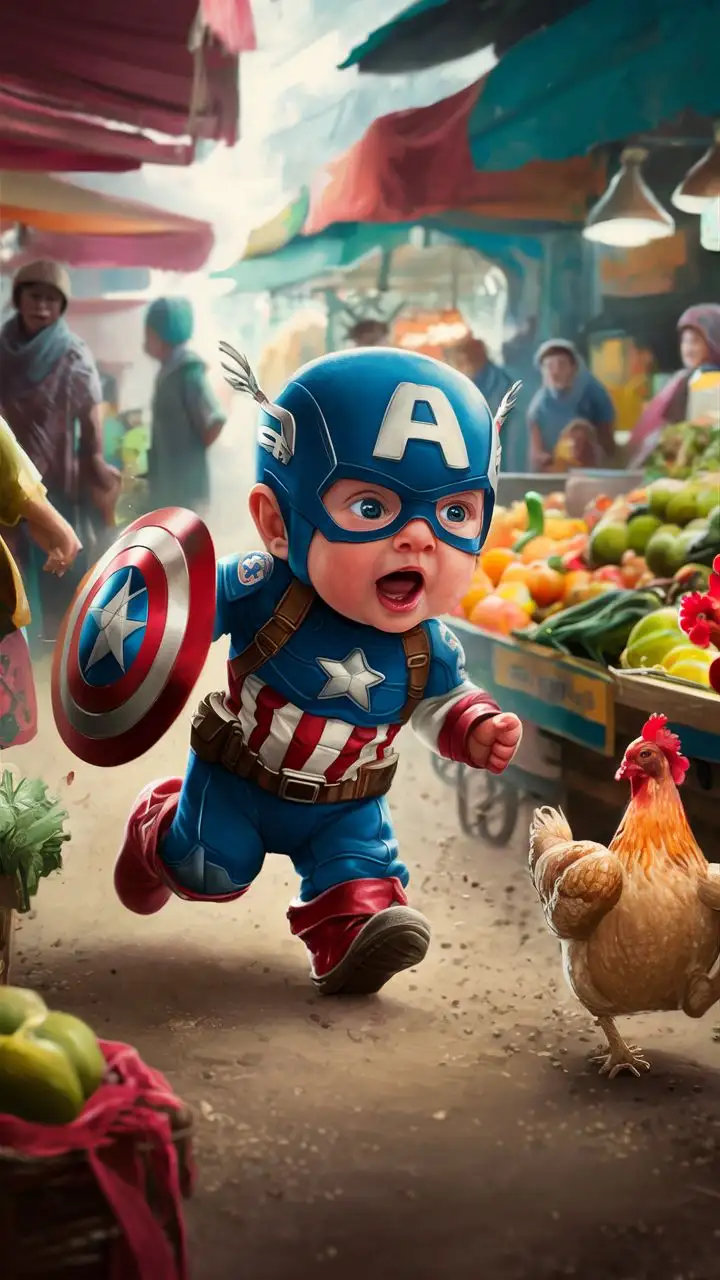 Infant Superhero Captain America Playfully Pursuing a Chicken at a Bustling Market
