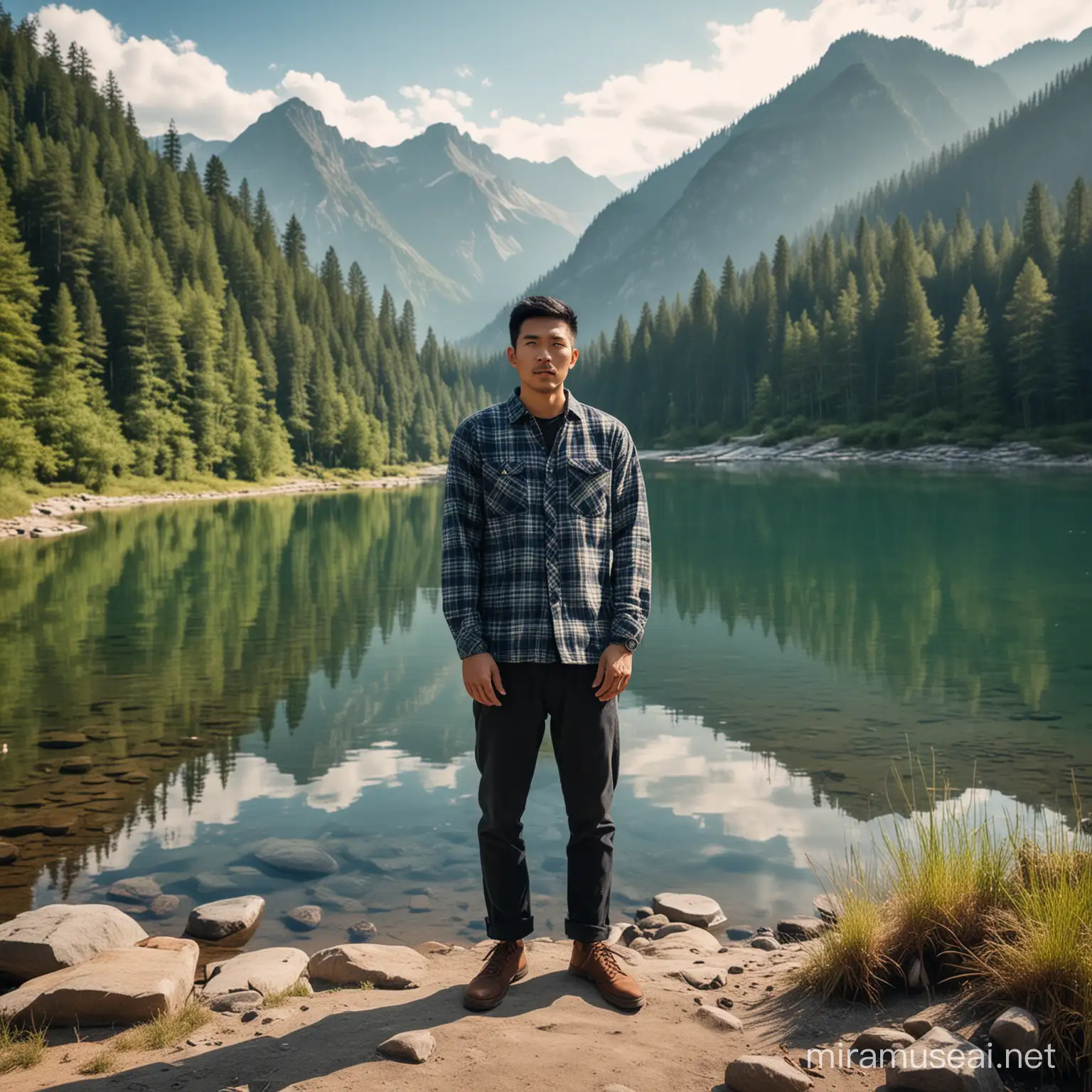 Seorang pria asia, kemeja flanel, dan celana panjang, berdiri di samping danau yang indah, mengelilingi hutan dan gunung, foto ultra hd