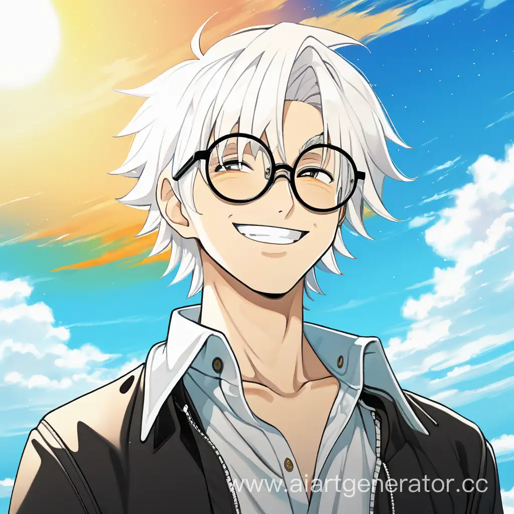 молодой  аниме парень с белыми волосами в чёрных круглых очках и рубашке на ярком фоне неба улыбается