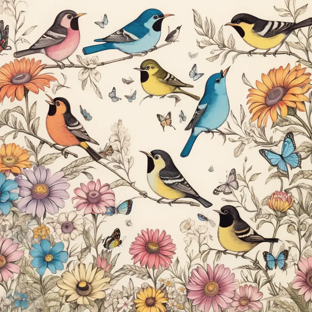 Exquisite Floral and Fauna Art Birds Flowers Beatles and Butterflies with Fine Lines