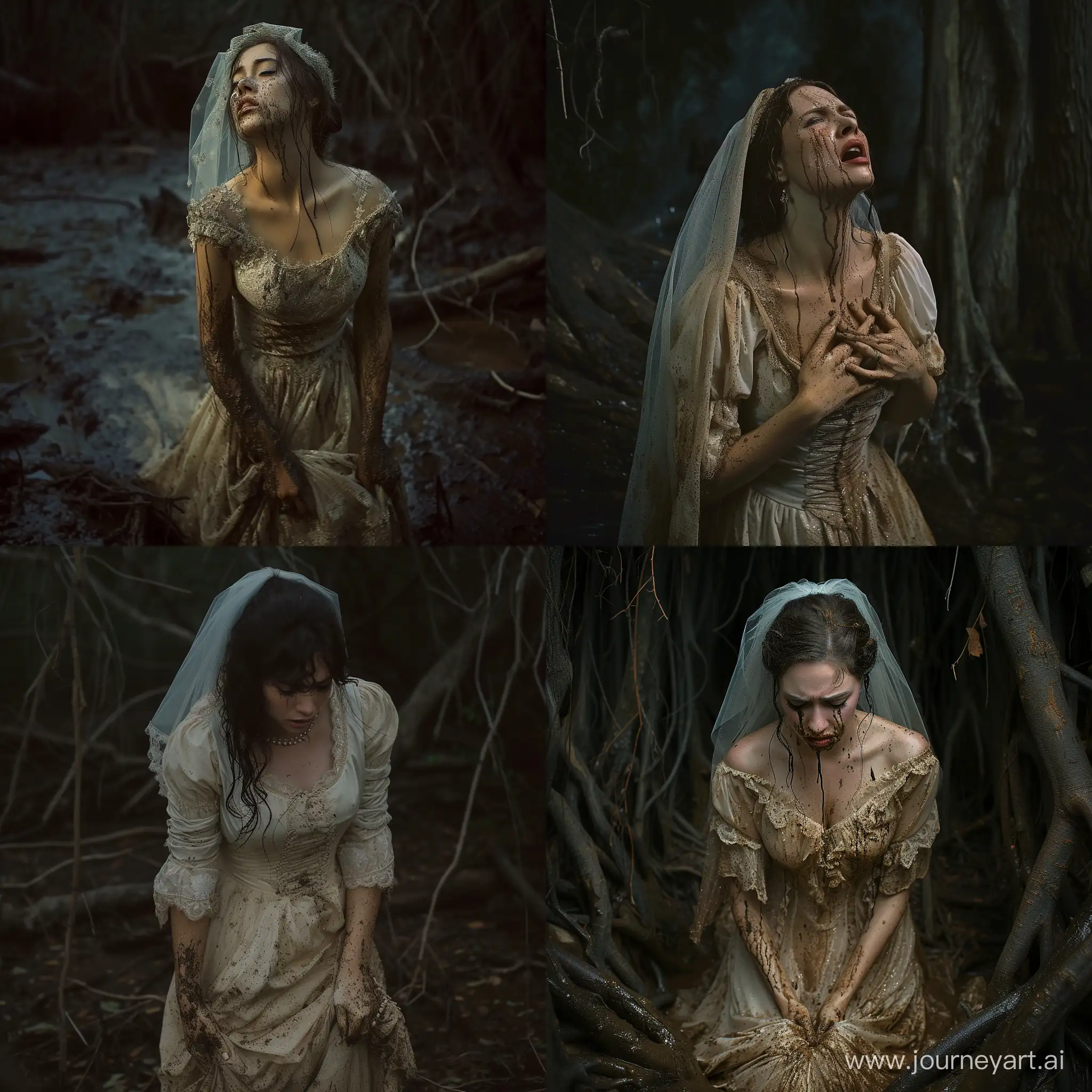 Una mujer vestida de traje de  novia con velo llorado en un bosque tenebroso, vestido sucio de barro