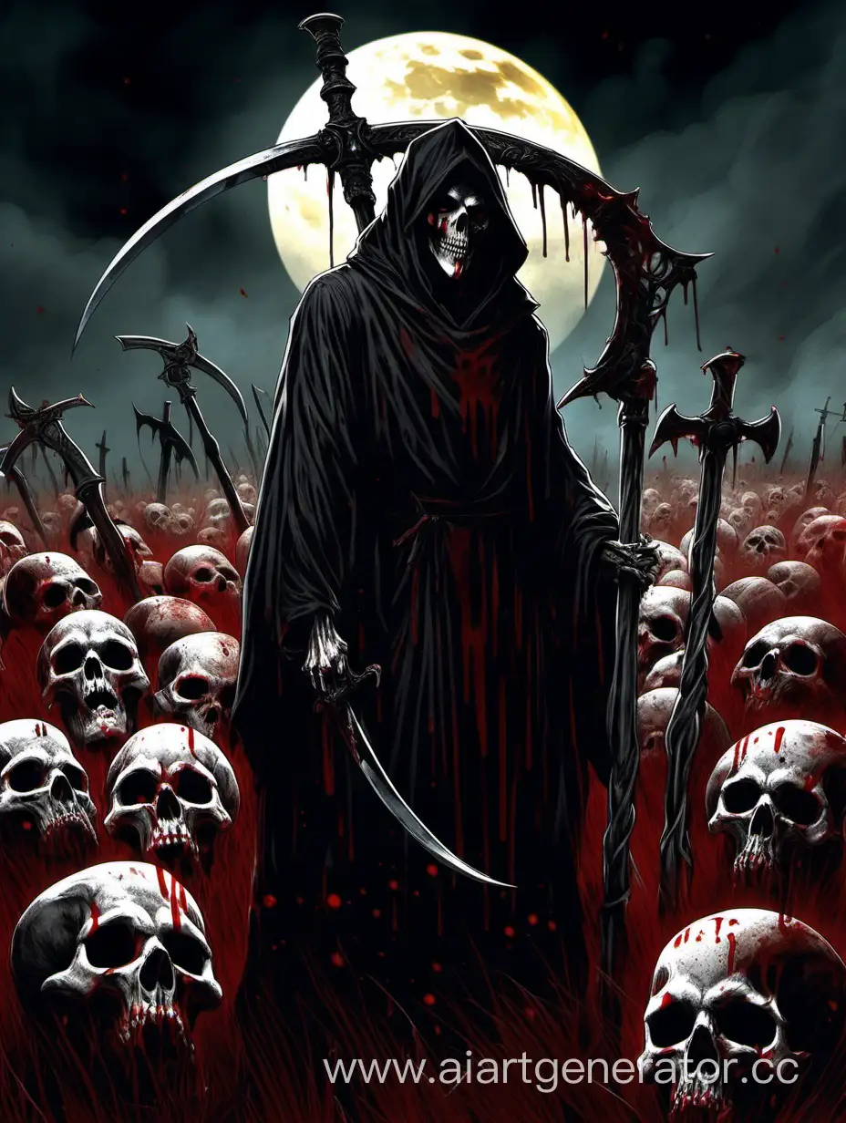 Жнец с чёрных одеяниях с капюшоном, стоит в поле на фоне кровавой луны и наблюдает за ней. Вокруг него разбросаны черепа, а на его плече окровавленная коса.