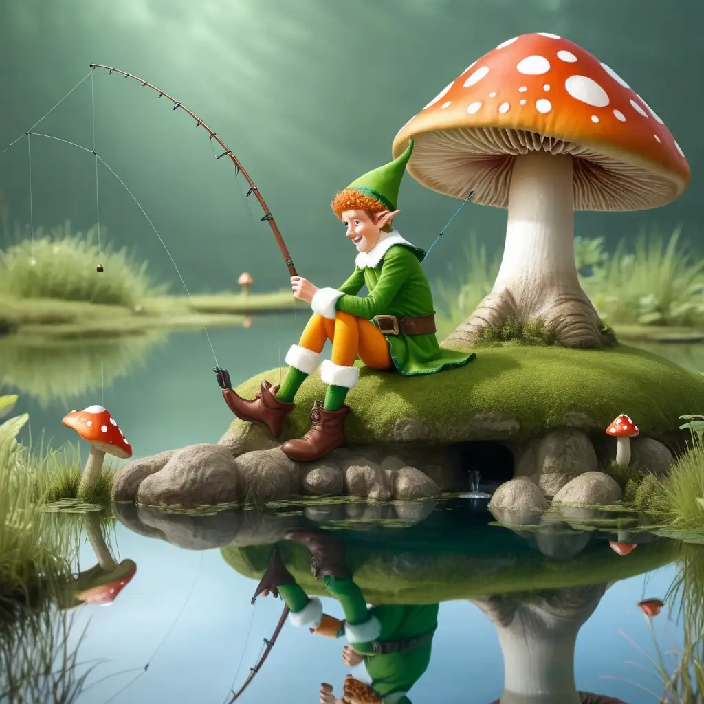 Whimsical Elf Fishing on a Mushroom by the Pond