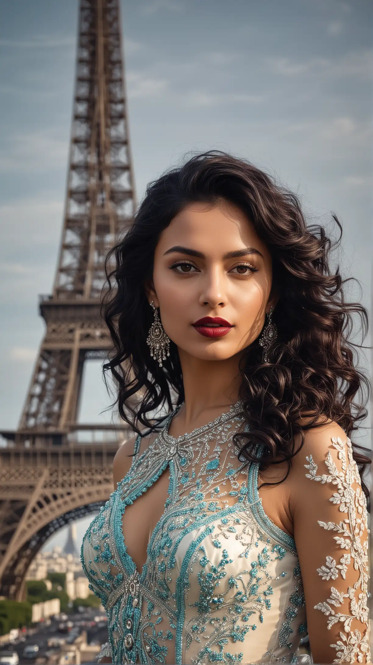 Very stunning, beautiful and sexy 30 year old French woman sensually dressed in an expensive navy-blue, cyan and off-white Indian wedding dress, glossy look, seductive look, maroon lipstick, long curly black hair, glow on face, intricate details, standing in front of Eiffel Tower, photo realistic, only upper-body, face and background shown, 4k, vivid colours, dramatic lighting